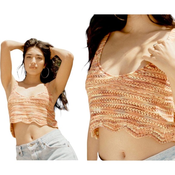 Olivaceous Tops - OLIVACEOUS Tank Crop Top V-Neck Crochet Spaghetti Strap Pink Orange Medium
